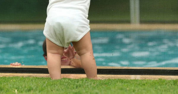 Cute Baby Standing Swimming Pool Fence Security Infant Looking Kids — 스톡 사진