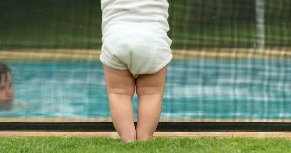 Cute Baby Standing Swimming Pool Fence Security Infant Looking Kids — 스톡 사진