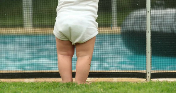 Cute Baby Standing Swimming Pool Fence Security Infant Looking Kids — Φωτογραφία Αρχείου