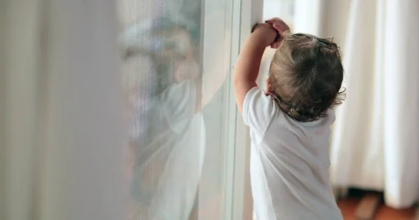 Baby Standing Window Wanting Leave Cute Infant Toddler Leaning Glass — 스톡 사진
