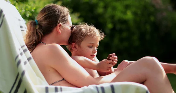 Mother Embracing Toddler Boy Outdoors Swimming Pool Atmosphere Family Enjoying — Zdjęcie stockowe