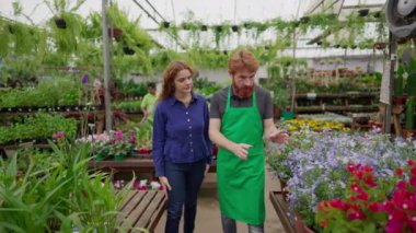 Çiçek Dükkanı 'ndaki kadın müşteriye çiçek ve bitki gösteren bir erkek çalışan. Yerel iş konsepti.