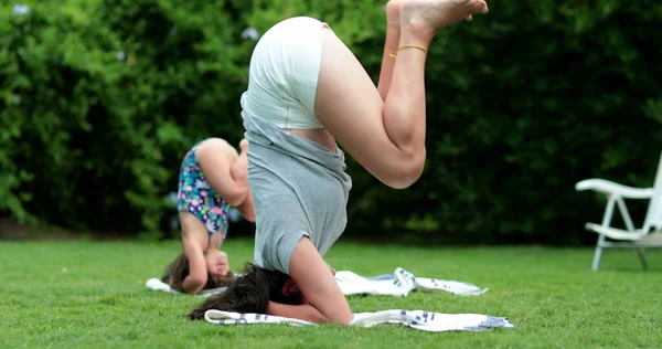 Woman Trying Handstand Mother Child Failing Headstand — Stock Photo, Image