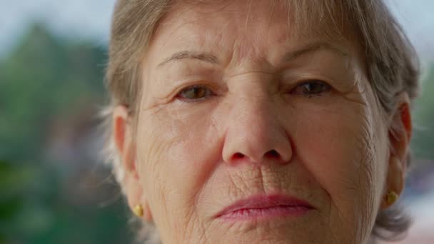 Портрет Серьезной Пожилой Женщины Крупным Планом Смотрящей Камеру Пожилая Женщина — стоковое видео