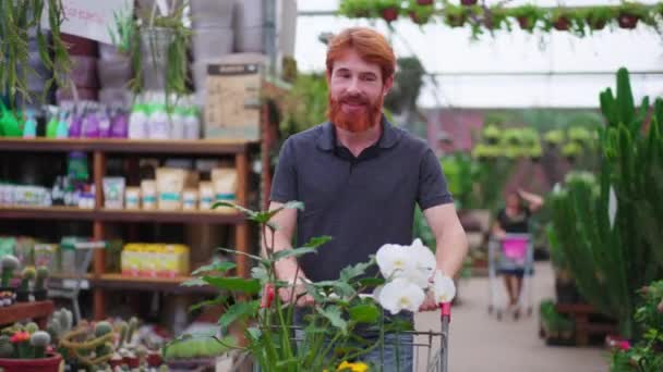 Jeune Homme Achetant Des Fleurs Des Plantes Avec Chariot Magasin — Video