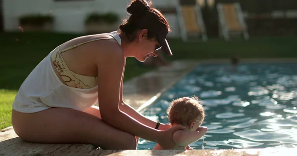 Mother Poolside Baby Infant Summer Day Toddler Child Pool — стоковое фото