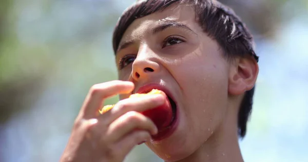 야외에서 복숭아 열매를 어린이는 건강에 간식을 먹는다 — 스톡 사진