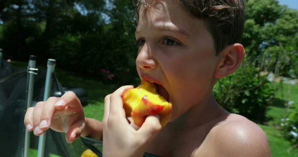 Jeune Garçon Enfant Mangeant Des Fruits Pêche Extérieur — Photo