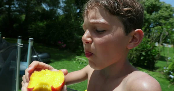 Jeune Garçon Enfant Mangeant Des Fruits Pêche Extérieur — Photo