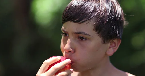 屋外で桃の実を食べる子供 若い男の子健康的な外で軽食 一口を取ります — ストック写真