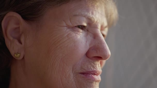 一位多愁善感的老年皱纹妇女的近视脸 70多岁的老年人在沉思中 对生活和经历进行了深刻的思考 — 图库视频影像