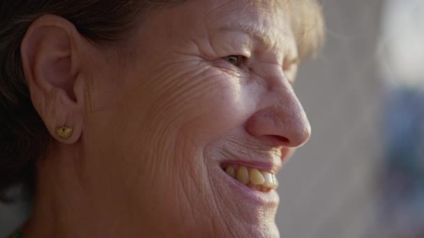 Профиль Крупным Планом Лица Счастливой Пожилой Женщины Улыбающейся Чувствующей Радость — стоковое видео