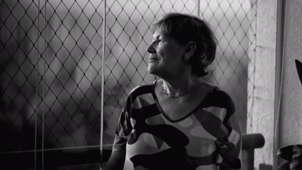 反省の孤独70歳代の女性は モノクロームの静けさ 黒と白の人生の瞬間を思い出します — ストック動画