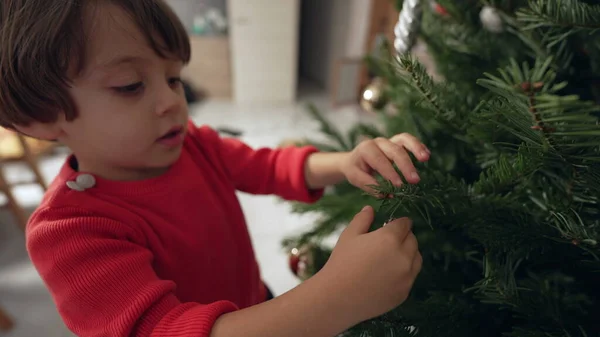 Little Boy Decorating Christmas Tree Holiday December Season Childhood Lifestyle — Stock Photo, Image