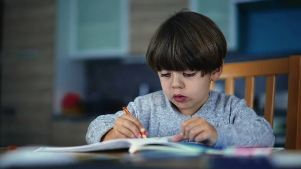 一个小男孩在家里画画 孩子们在室内做功课 手里拿着纸笔 — 图库照片