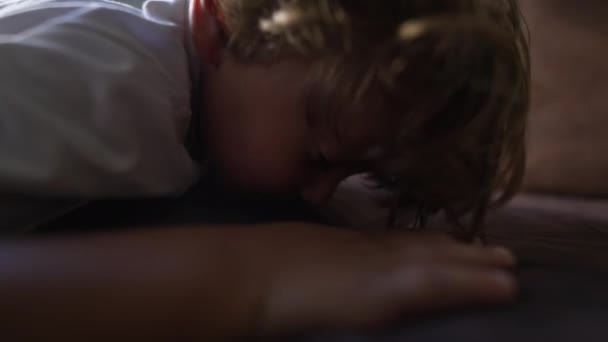 Niño Durmiendo Sofá Casa Niño Dormido Acostado Sofá — Vídeos de Stock