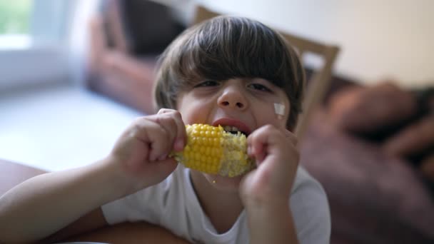 Niño Pequeño Comiendo Maíz Adentro Niño Come Alimentos Nutritivos Niño — Vídeos de Stock