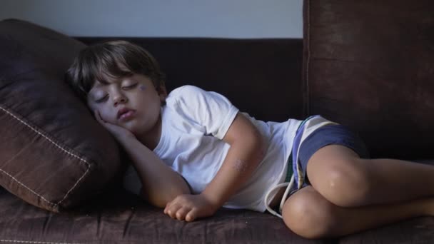 ソファで昼寝中に寝ている子供が一人いる 可愛い男の子が昼寝して休んでる 目を閉じてリラックスした子供 — ストック動画
