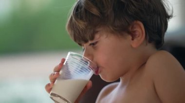 Küçük çocuk bir bardak süt içiyor. Çocuk besleyici zengin vitamin sütü içiyor