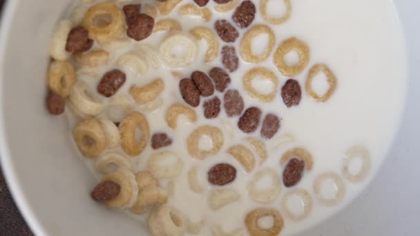 Sereal Dalam Mangkuk Dengan Susu Menutup Sarapan Makanan — Stok Video