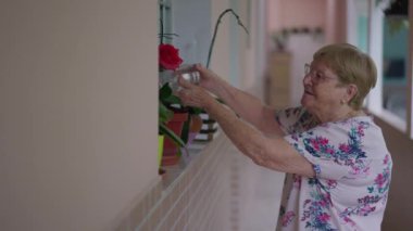 Yaşlı bir kadın evinin yakınındaki bitkileri suluyor.