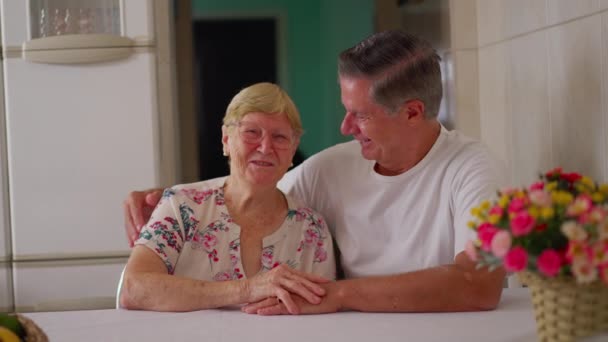 Joyful Middle Aged Son His Elderly Mother Interaction While Domestic — Stock Video