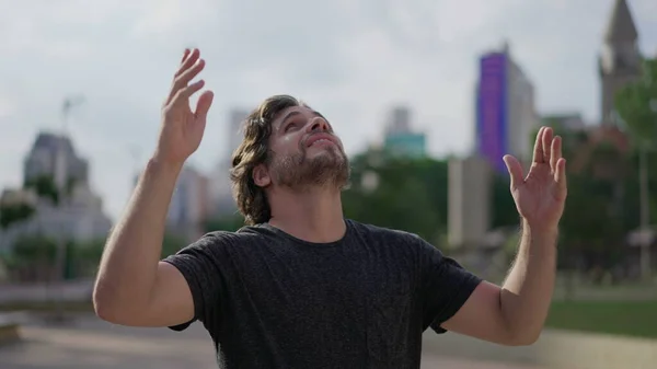 Happy Man Raising Arms Sky Thanking God Hope Faith Male — Stock Photo, Image