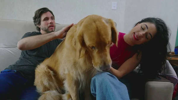 Hondeneigenaar Interactie Met Golden Retriever Zittend Bank Thuis Vrouw Toont — Stockfoto