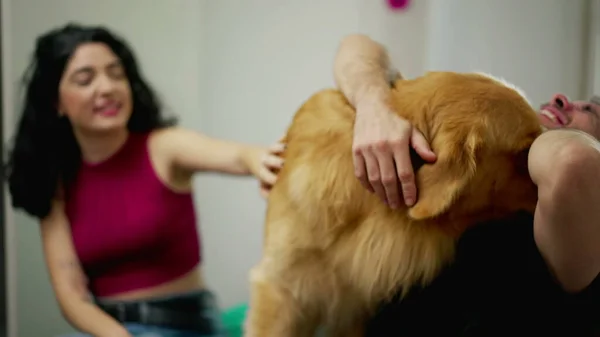 Happy Mężczyzna Pies Właściciel Interakcji Zabawy Golden Retriever Pet Pomieszczeniach — Zdjęcie stockowe