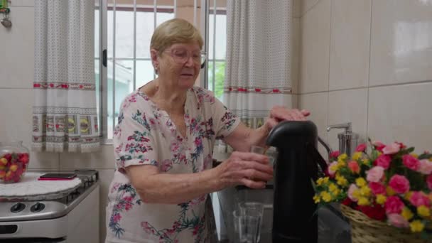 老妇人给自己倒咖啡 并把杯子递给站在厨房里的人 老年人按压热水瓶的家庭正宗老年生活方式 — 图库视频影像