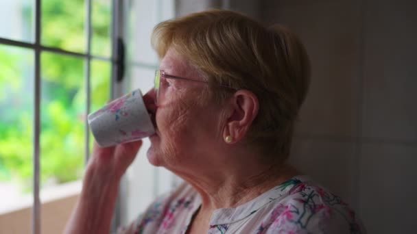 80多岁的老年妇女喜欢喝咖啡或Tea 带着沉思的表情凝视着厨房的窗户 对老年家庭生活方式的深刻反思 — 图库视频影像