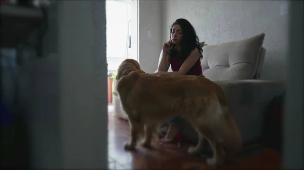 Dairesinde Büyük Köpeğiyle Dalgın Genç Bir Kadının Samimi Yaşam Tarzı — Stok fotoğraf