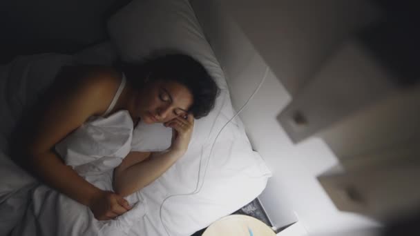 Pensive Woman Laid Bed Night Turns Lamp Side Thoughtful Female — Stock video