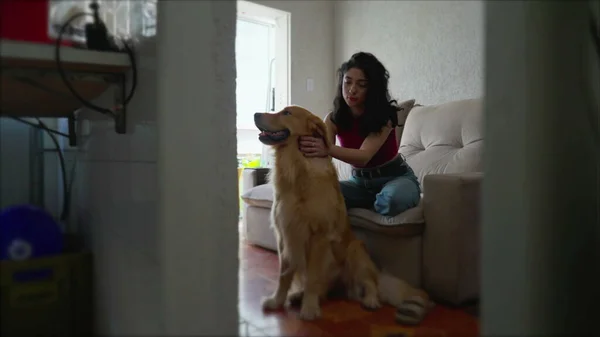 ある率直な若い女性は 彼女の美しい犬ペットを愛撫ソファに座っています ゴールデンレトリバー付きのアパートの中に本物の現実の人を候補 — ストック写真