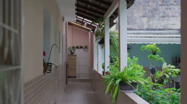 Brezilyalı ev dış avlusu. Günlük Güney Amerika konutu, evcillik sahnesi, çekim kurma