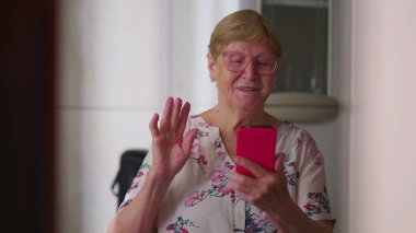 Evdeki video konferansında konuşan aile üyesine el sallayan kıdemli bir kadın. Akıllı telefon aygıtı ekranına bakarak akrabalarla konuşan otantik yaşlı kadın