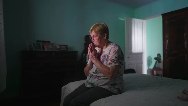 Faithful Elderly Woman Praying God Sitting Bedroom Older Senior Lady — Stock Photo, Image