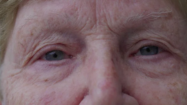 Senior Woman Macro Close Staring Camera Wrinkled Elderly Older Person — Stock Photo, Image