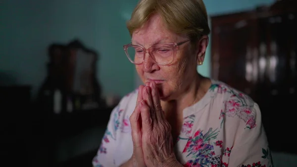 Hopeful Elderly Woman Praying God Sitting Bedside Bedroom Authentic Domestic — Stock Photo, Image