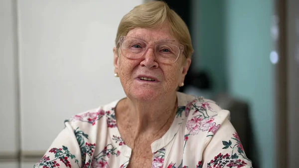Elderly Senior Woman Waving Hello Camera Talking Video Webcam Pov — Stock Photo, Image