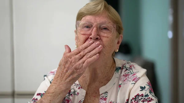 Starší Starší Žena Mává Kameru Mluví Videu Webcam Pov Členem — Stock fotografie