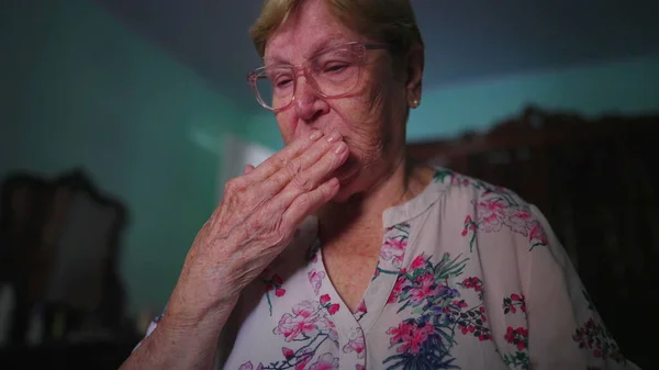 Catholic Elderly Woman Doing Sign Cross Home Prayer Senior 80S — Stock Photo, Image