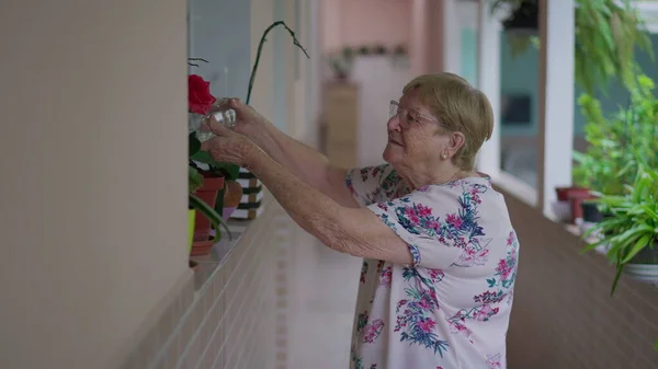 家后院用水壶浇灌老年妇女水厂的日常例行公事 展示了真正的老年生活方式 — 图库照片