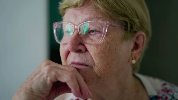 Pensive Senior Woman Close Face 80S Elderly Female Person Deep — Stock Photo, Image