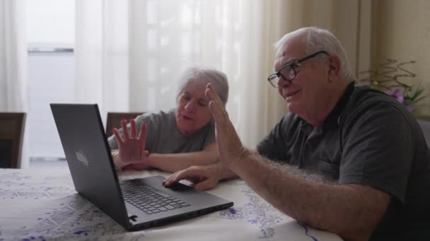 Casal Sênior Acenando Olá Para Tela Laptop Falando Com Membros — Vídeo de Stock
