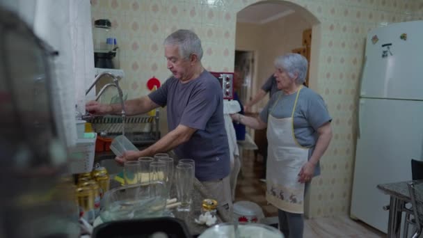 Grupo Ancianos Amigos Lavando Secando Platos Después Del Almuerzo Reúnen — Vídeos de Stock