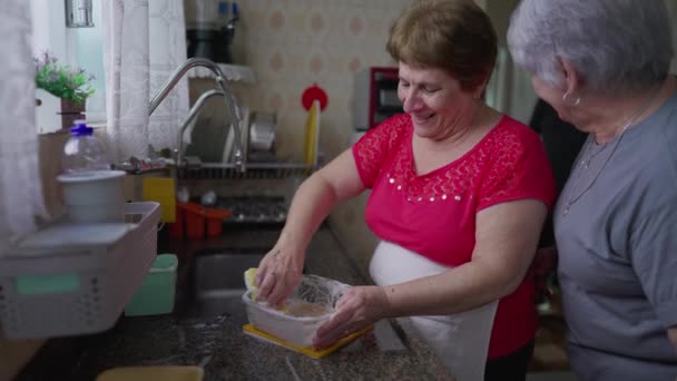 Mujer Mayor Lavando Platos Sincera Interacción Con Miembro Familia Auténtica — Vídeos de Stock