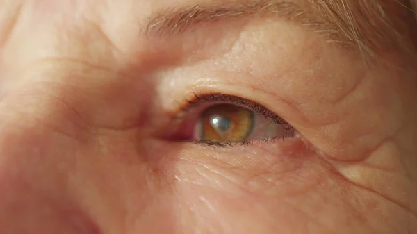 Close Van Pensive Senior Woman Eye Reflecterende Diepe Bezinning — Stockfoto