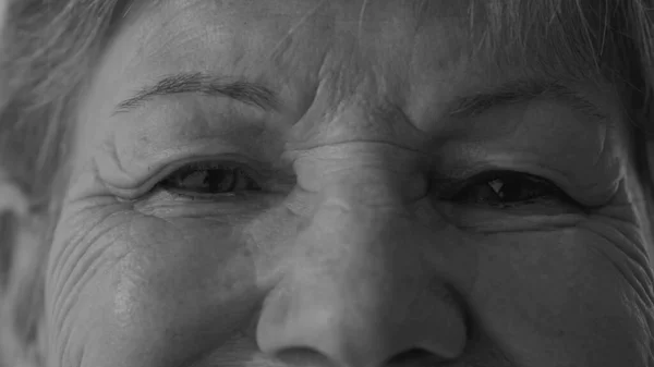 Serene Senior Woman_S Eyes Gazingのモノクロマクロクローズアップをカメラで直接撮影 平穏な表情をした年上の女性の黒と白の極端なクローズアップ — ストック写真