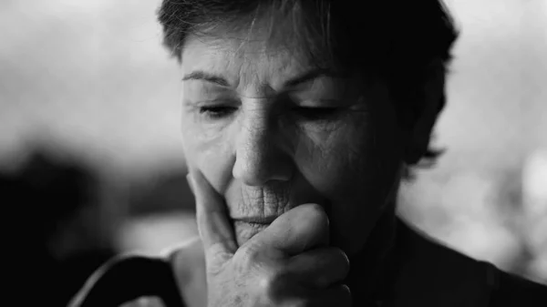 Thoughtful Senior Woman Monochrome Hand Chin — Stock Photo, Image